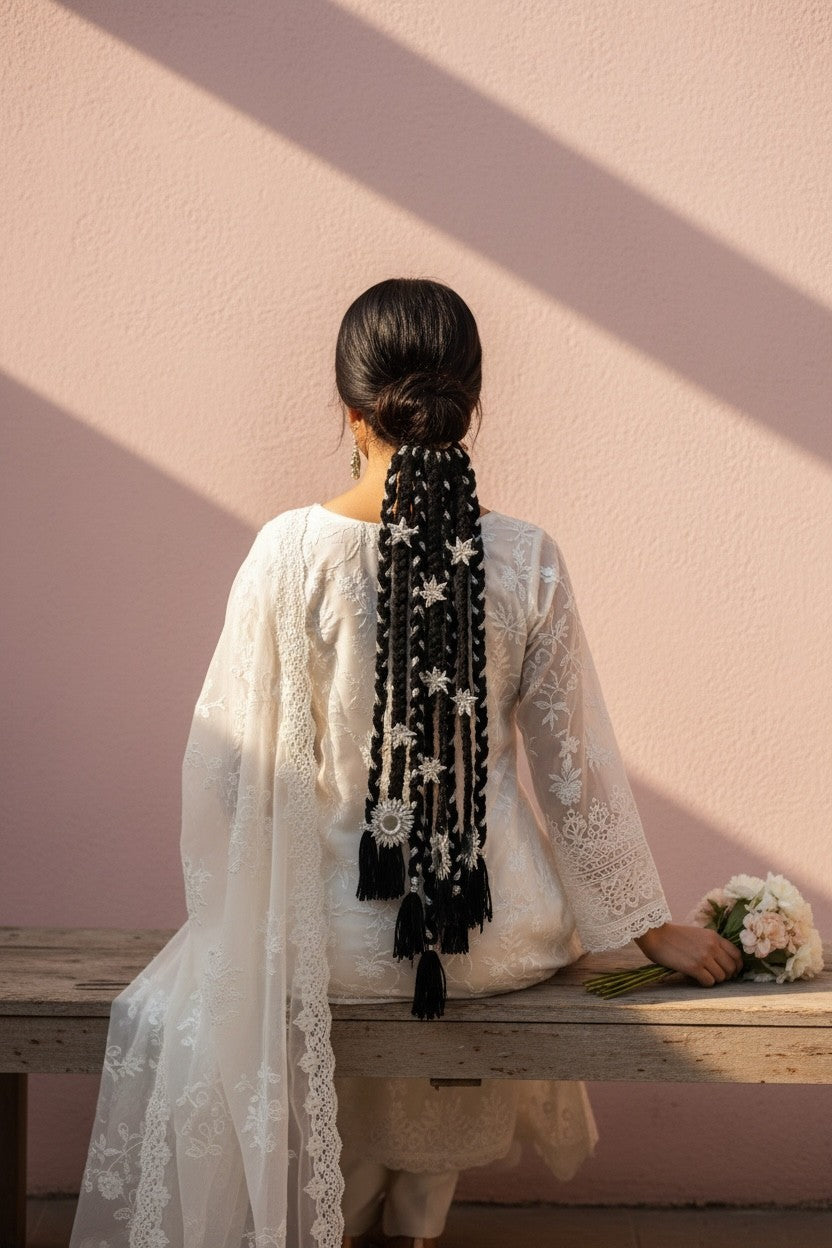 Lily black braided hair accessory with silver star embellishments and tassels, worn by a woman in white ethnic wear.