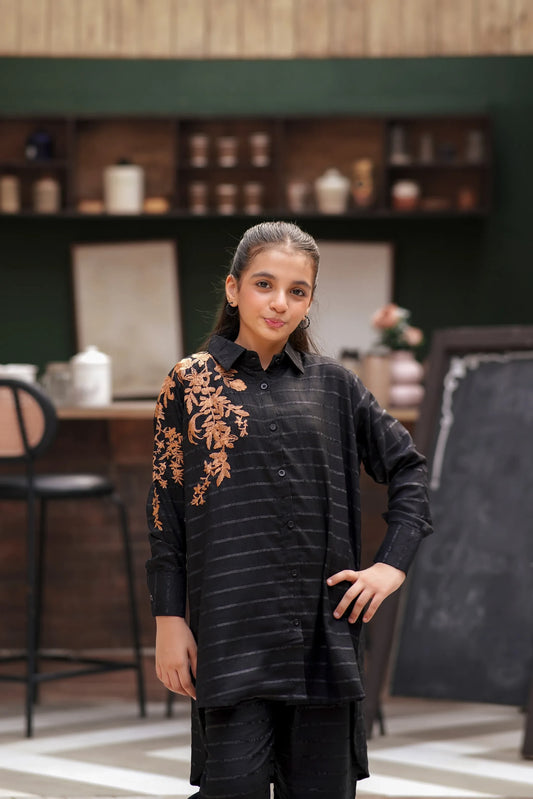 Lily black button-down shirt and trousers set with golden-bronze floral embroidery on the shoulder for girls