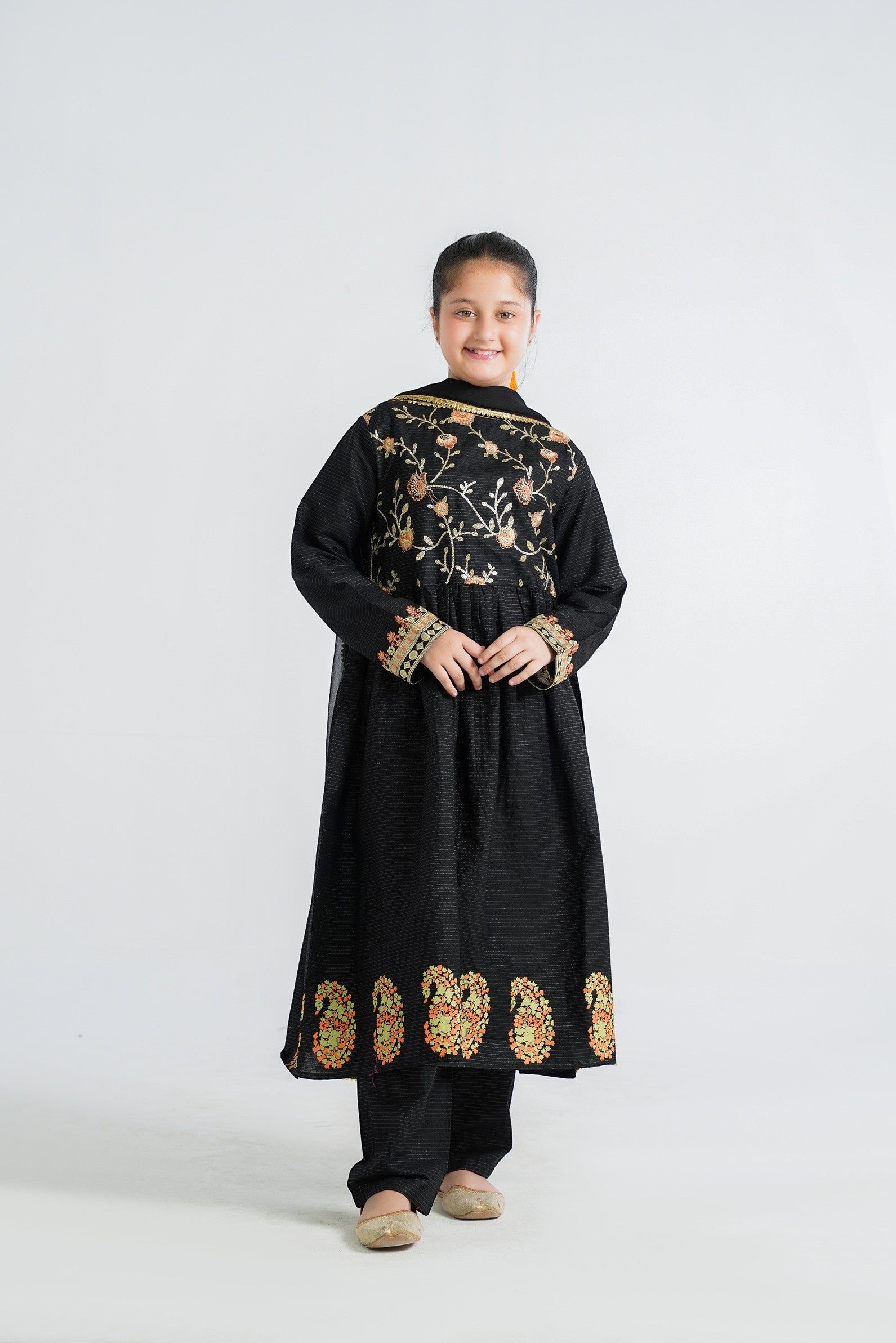 Lily black embroidered paisley print kurta set with matching trousers for girls. Festive ethnic wear.
