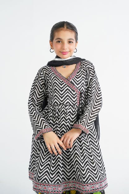 Lily black and white zigzag print kurta with red embroidery and tassels, paired with colorful tiered sharara and black dupatta.