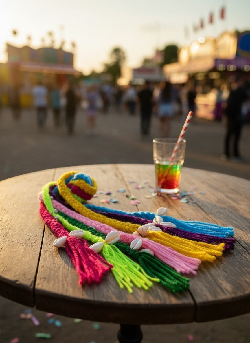 Lily Bohemian braided hair accessory with colorful yarn and seashell charms, perfect for festivals and beach days.