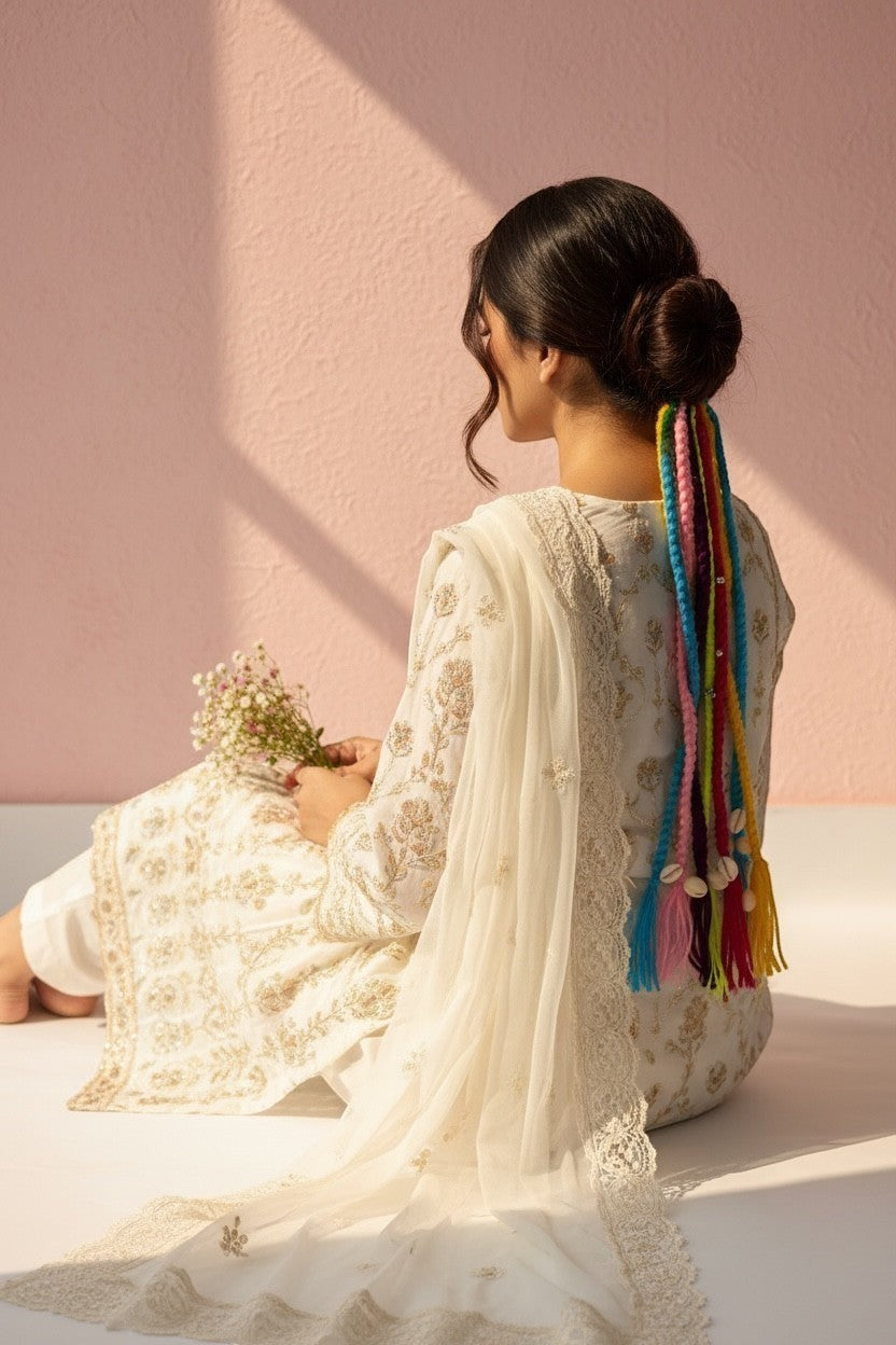Lily bohemian braided hair accessory with rainbow yarn and seashell charms, styled in a bun.