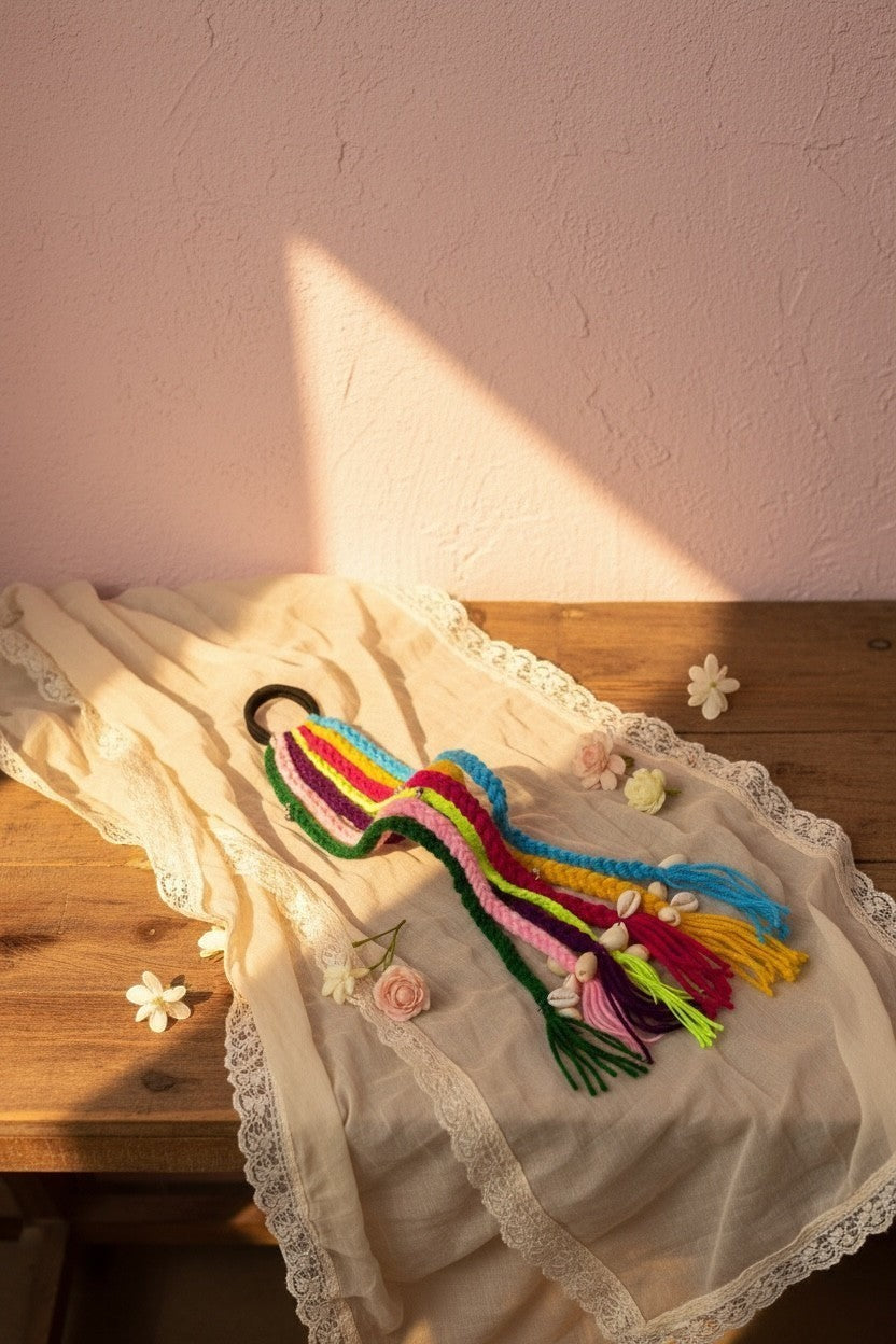 Lily bohemian braided hair accessory with rainbow yarn and seashell charms.