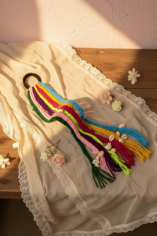 Lily bohemian braided hair accessory with rainbow yarn and seashell charms.
