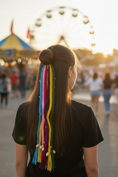 Lily bohemian braided hair accessory with rainbow yarn and seashell charms, styled in a half-up bun on a woman at a festival.