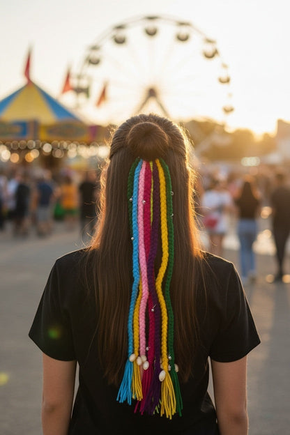 Lily bohemian braided hair accessory with colorful yarn braids, seashell charms, and silver beads, worn in a bun on a woman's head at a festival.