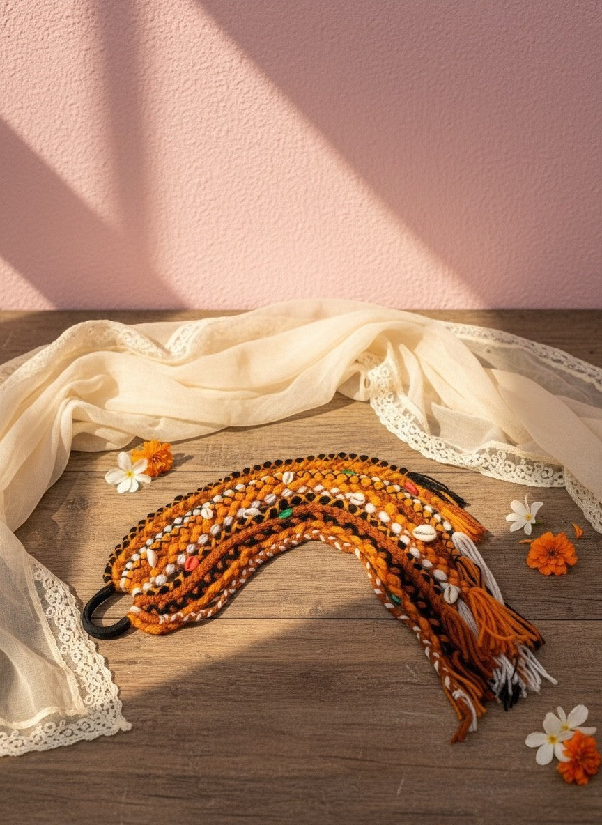 Lily bohemian braided hair accessory with orange, black, white yarn, cowrie shells, and colorful beads.