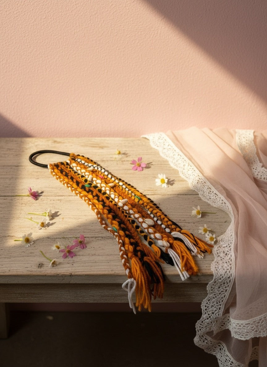 Lily Bohemian braided hair accessory with shells, beads, and yarn in orange, black, and white.