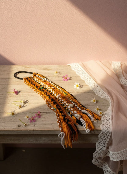 Lily Bohemian braided hair accessory with shells, beads, and yarn in orange, black, and white.