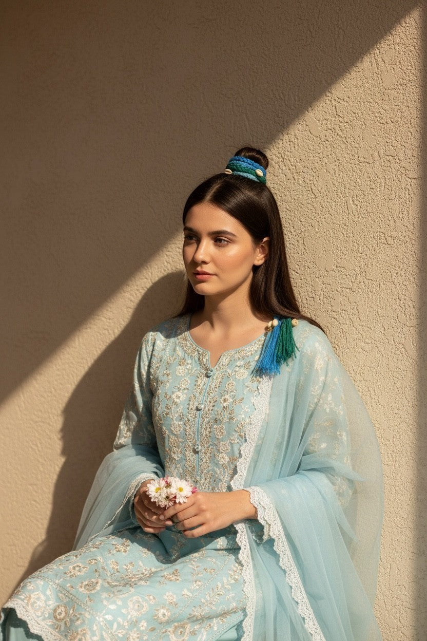 Lily bohemian braided hair accessory with blue and green yarn, shell charms, and tassels, styled in a bun.