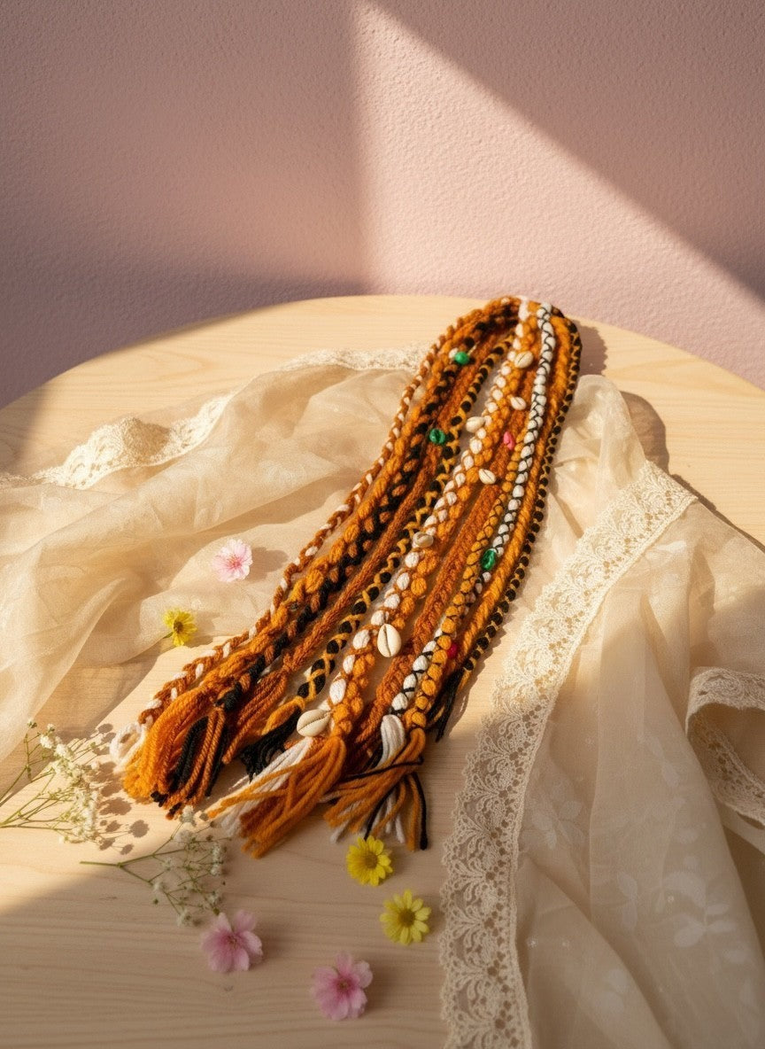 Lily bohemian braided hair accessory with shells, beads, and yarn in orange, black, and white.