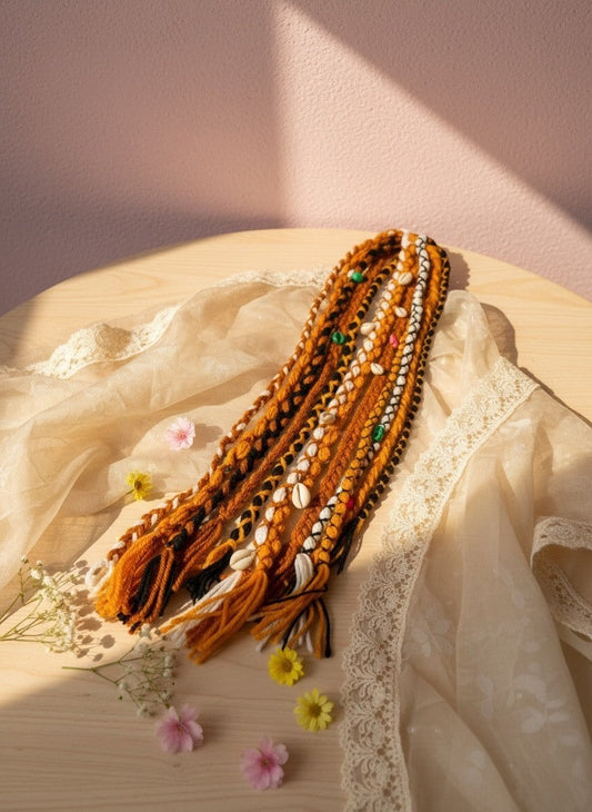Lily bohemian braided hair accessory with shells, beads, and yarn in orange, black, and white.