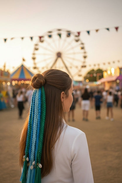 Lily bohemian yarn hair extensions in blue and green with shell charms and tassels, attached to a bun.
