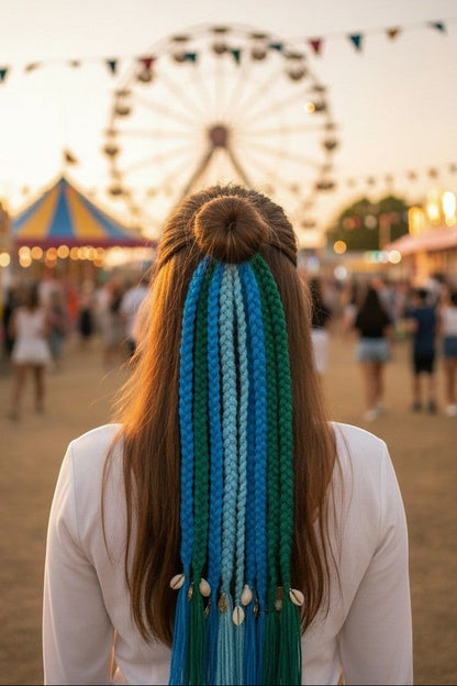 Lily bohemian yarn hair extensions in blue and green with shell charms and tassels, attached to a bun.