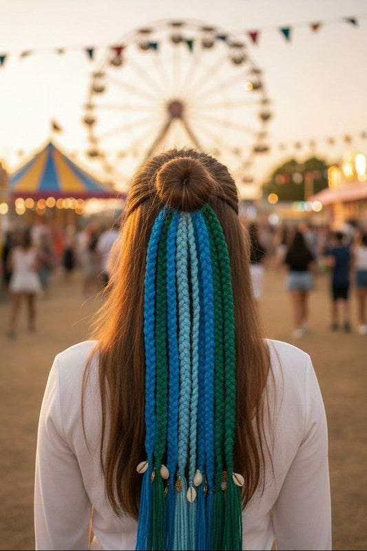 Lily bohemian yarn hair extensions in blue and green with shell charms and tassels, attached to a bun.