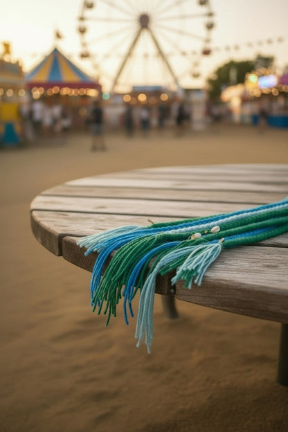 Lily bohemian braided hair extensions in blue and green yarn with shell charms and tassels, perfect for festivals.