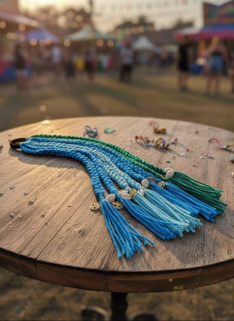 Lily bohemian yarn hair extensions in blue and green, with shell charms and tassels, attached to a hair tie.
