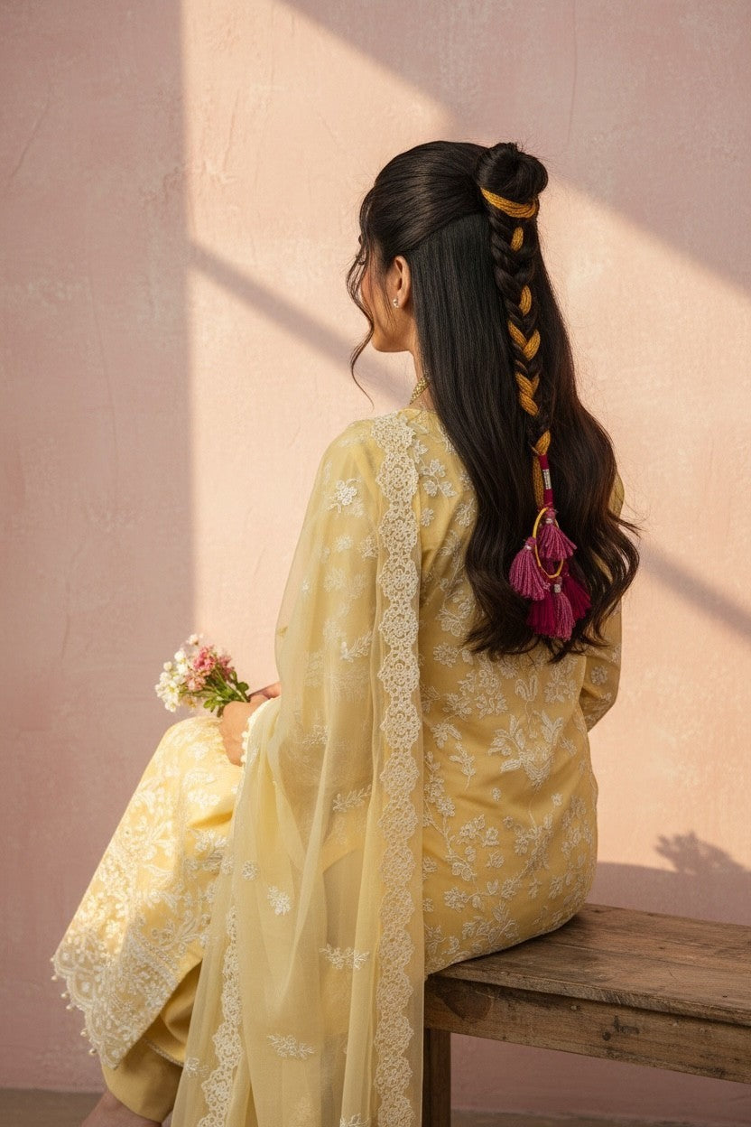 Lily bohemian tassel hair accessory with magenta and mustard yellow threads, shell accents, and yellow bow, braided into dark hair.