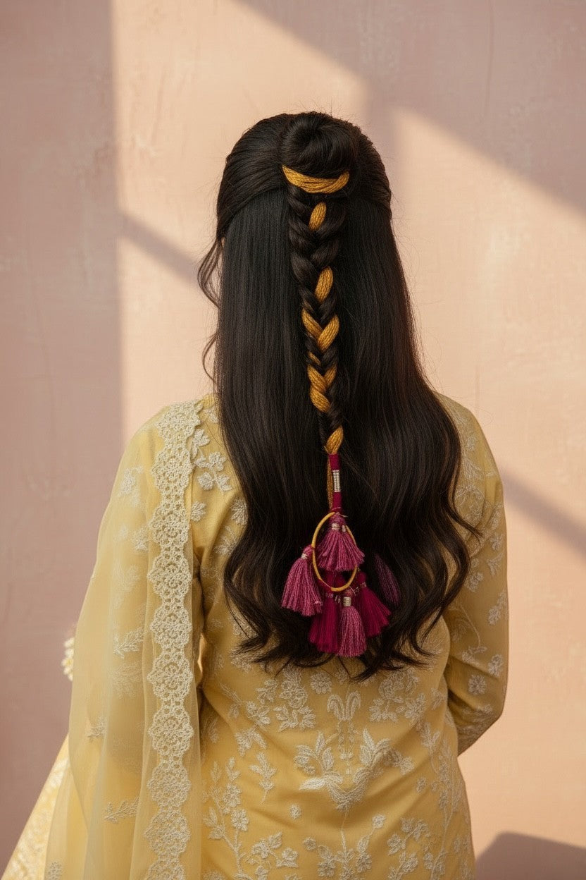 Lily bohemian hair accessory with magenta tassels and mustard yellow accents braided into dark hair.