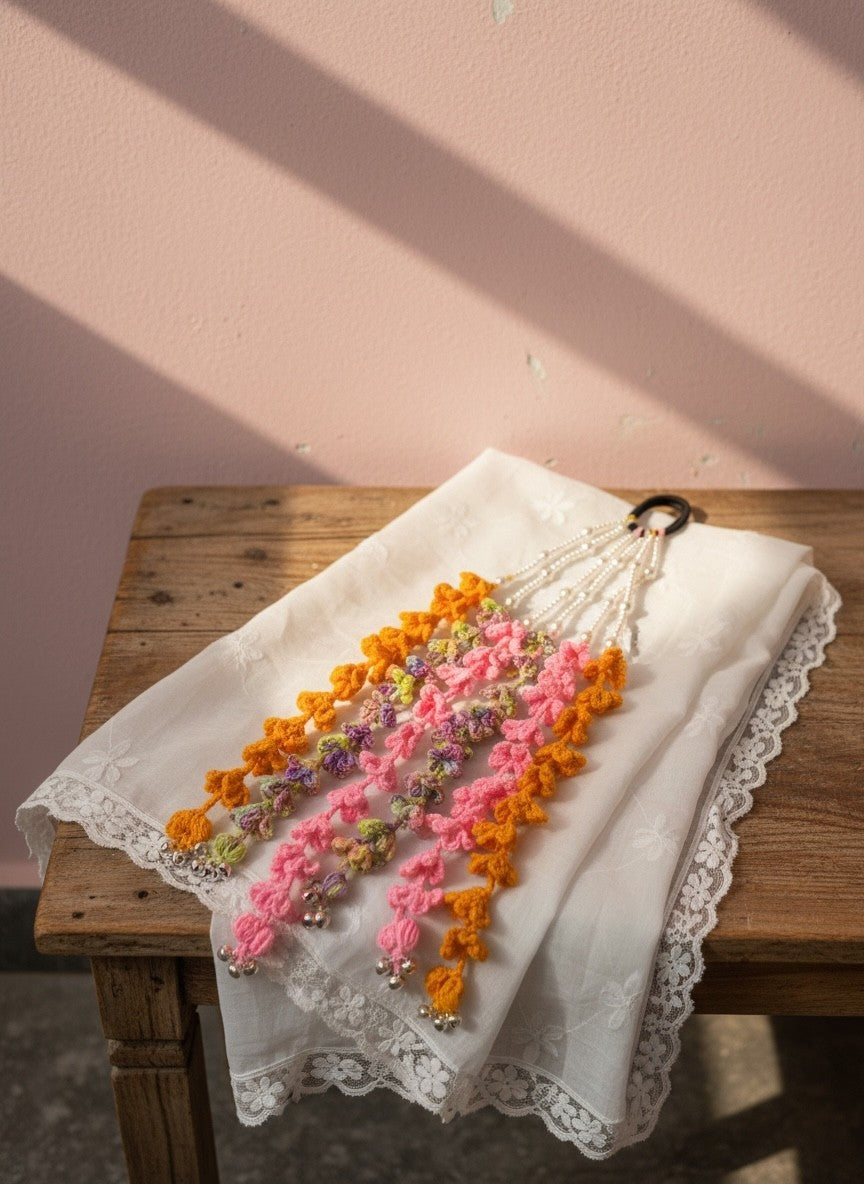 Lily bohemian hair accessory with colorful crochet tassels in orange, pink, and purple, accented with white beads and silver bells.