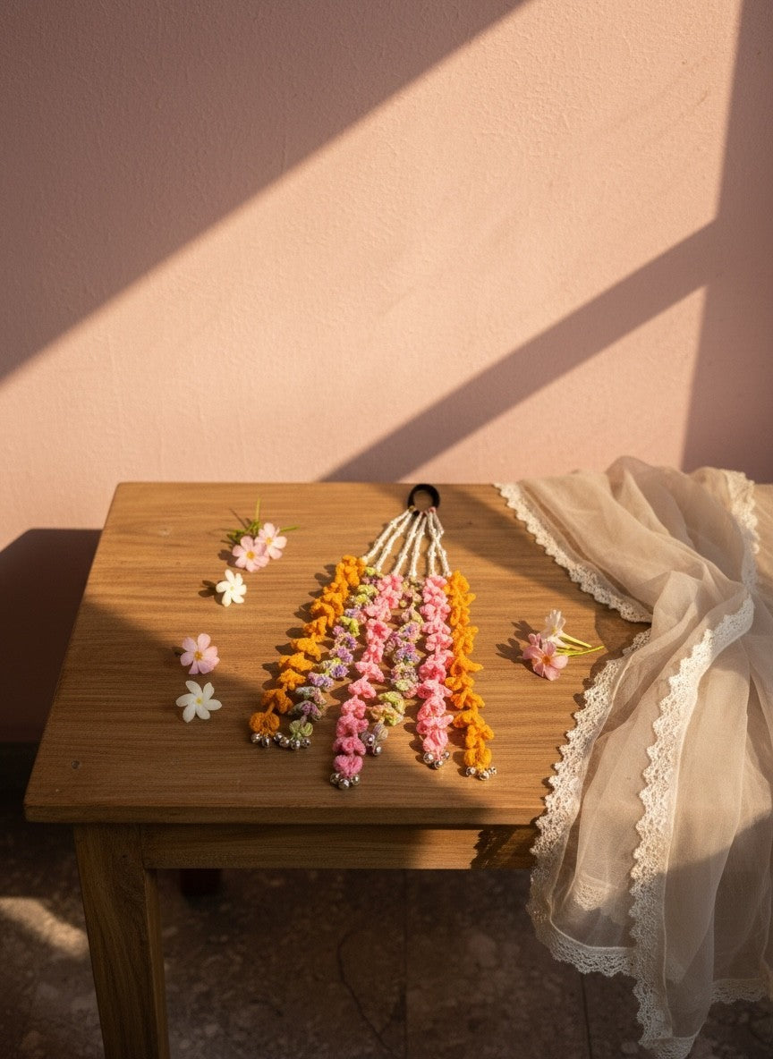 Lily bohemian hair accessory with crochet tassels in orange, pink, purple, white beads, and silver bells.