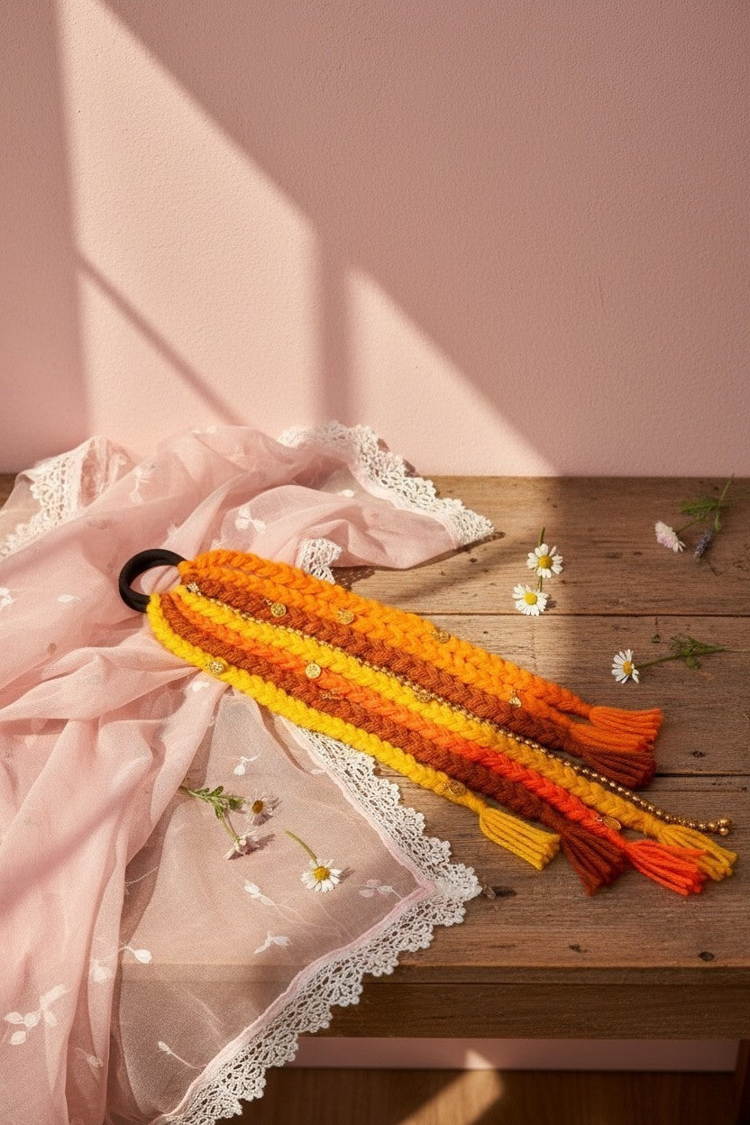 Boho braided hair tie with beads in sunset hues of orange, yellow, and brown. Handcrafted with tassels and gold beads.