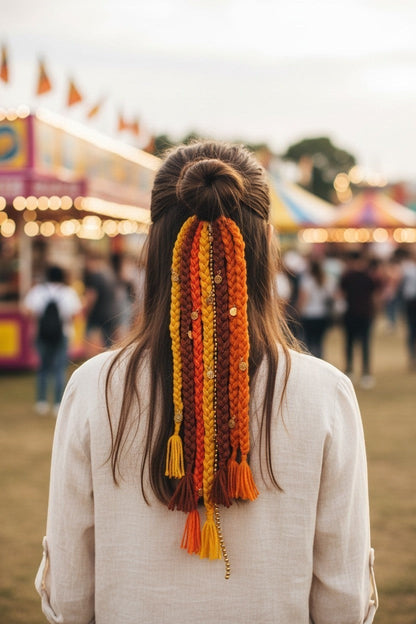 Boho braided hair tie with beads in sunset orange, yellow, and brown hues, featuring tassels and gold accents.