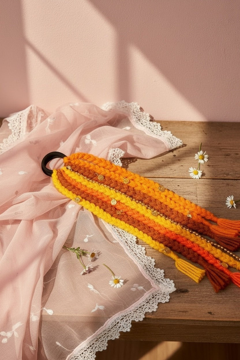 Lily boho braided hair tie with beads in sunset orange, yellow, and brown chunky knit design with gold beads and tassels.