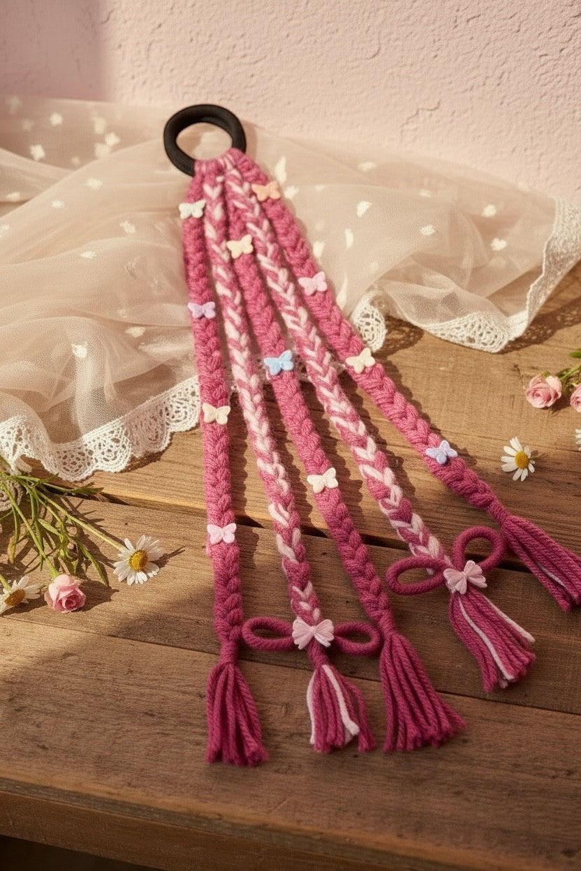 Lily braided hair accessory in pink and white yarn with butterfly charms, bows, and tassels attached to an elastic band.