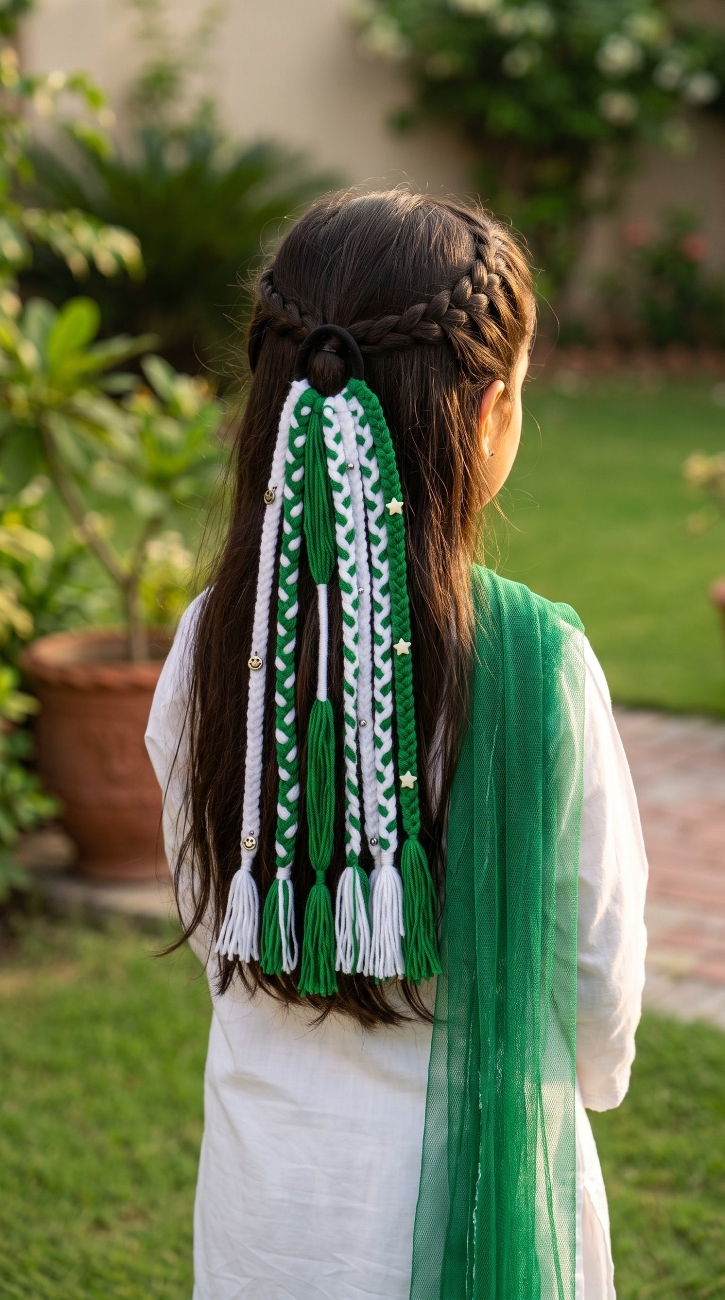 Lily handcrafted braided hair accessory with green and white threads, star charms, and tassels on a girl's ponytail.