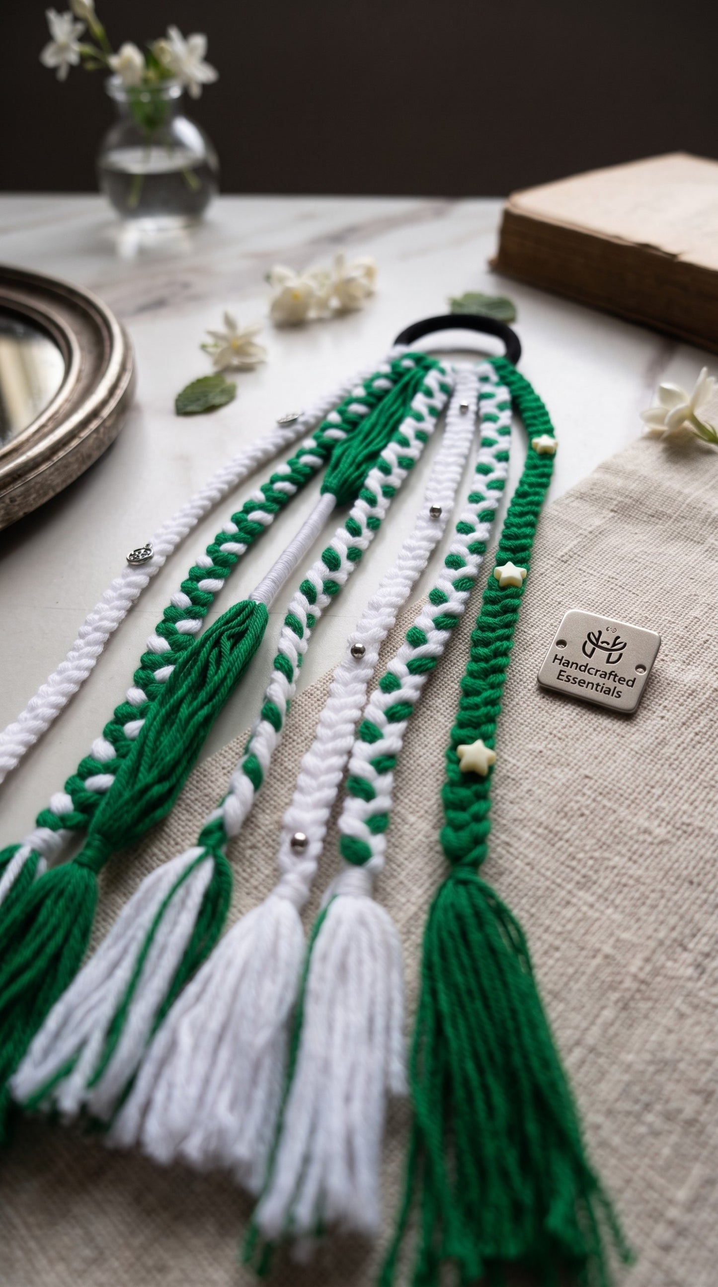 Lily handcrafted braided hair accessory in forest green and white with star charms and tassels on a linen surface.