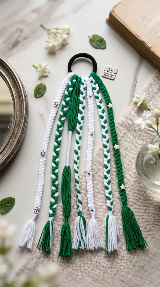 Lily handcrafted braided hair accessory in forest green and white with star charms, tassels, and a secure hair tie.