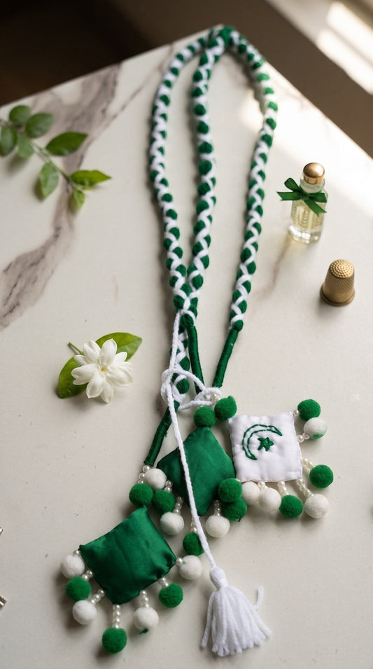 Lily 14 August special braided hair accessory in green and white with pom-poms and embroidered crescent and star emblem.