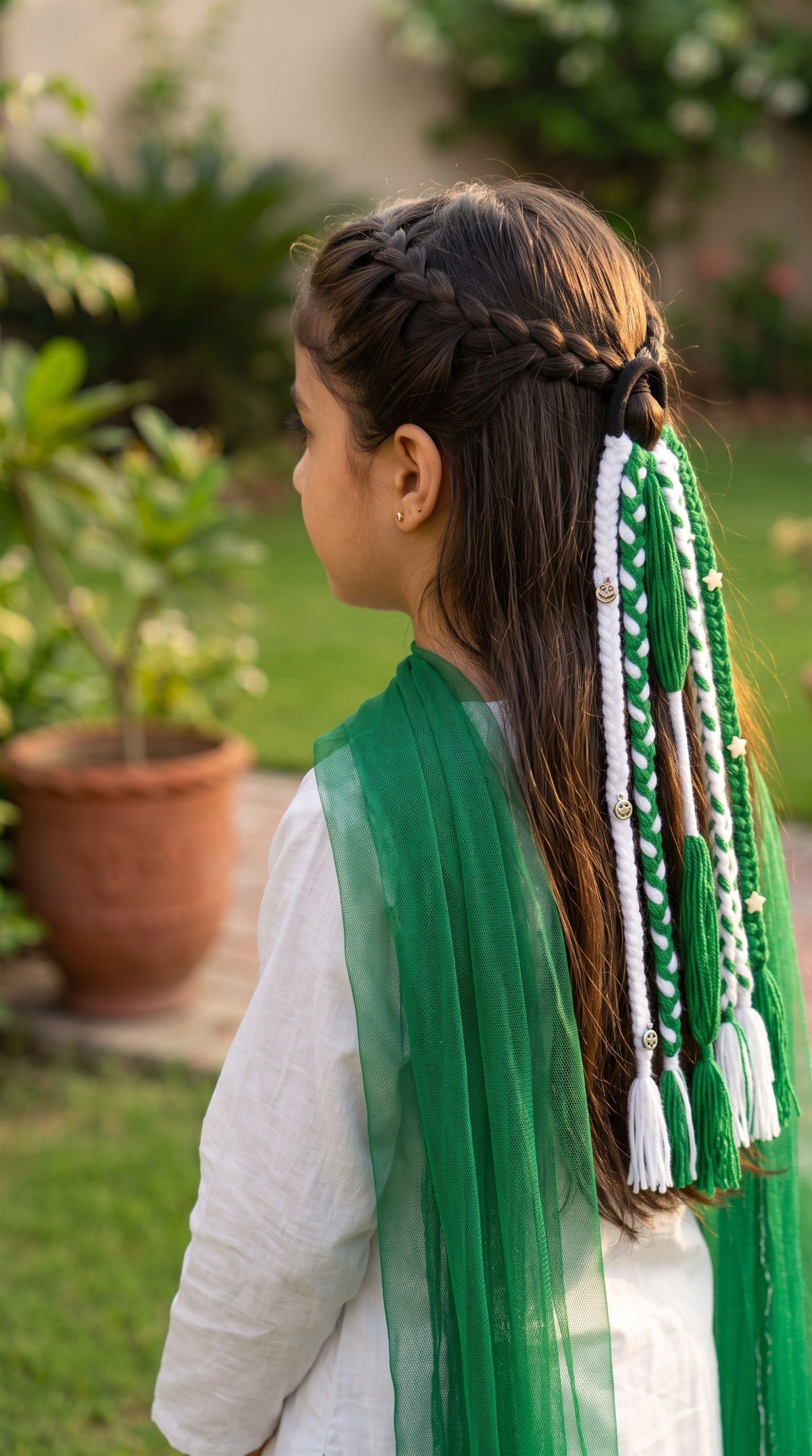 Lily handcrafted braided hair accessory with green and white threads, tassels, and star charms worn by a young girl.