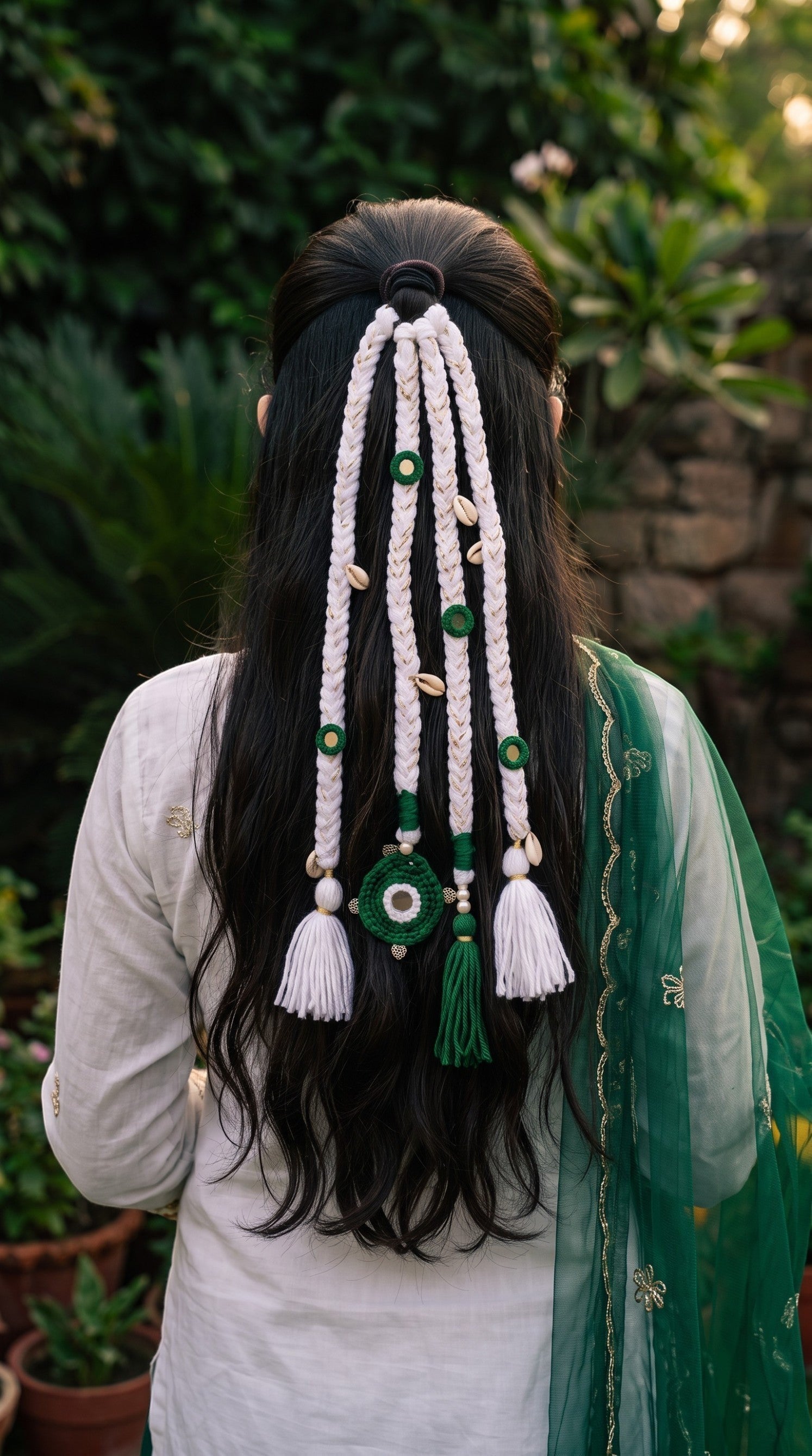 Lily Independence Elegance braided hair accessory in green and white with seashell and mirror accents on long hair