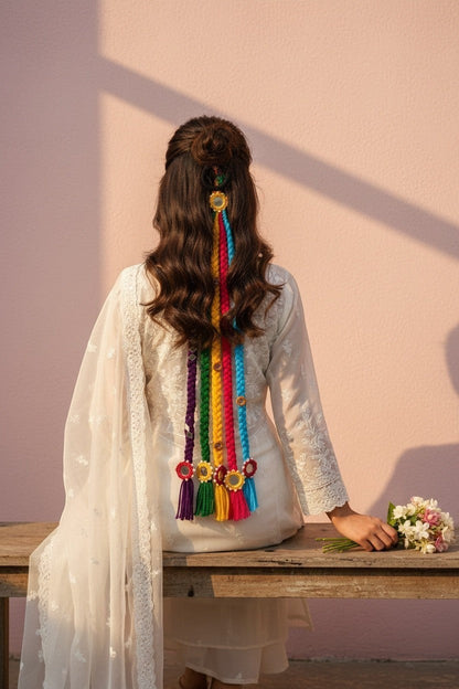 Lily braided hair accessory with colorful threads, mirrors, and tassels. Adds a bohemian touch to hairstyles.