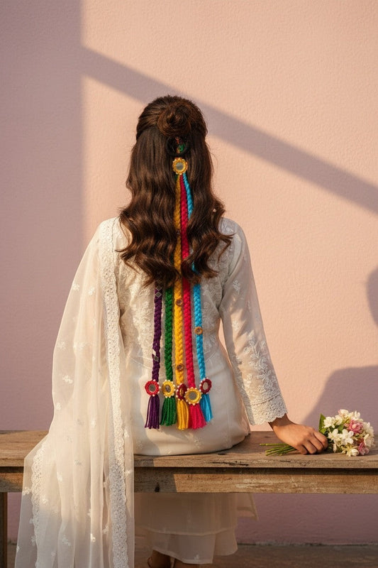 Lily braided hair accessory with colorful threads, mirrors, and tassels. Adds a bohemian touch to hairstyles.