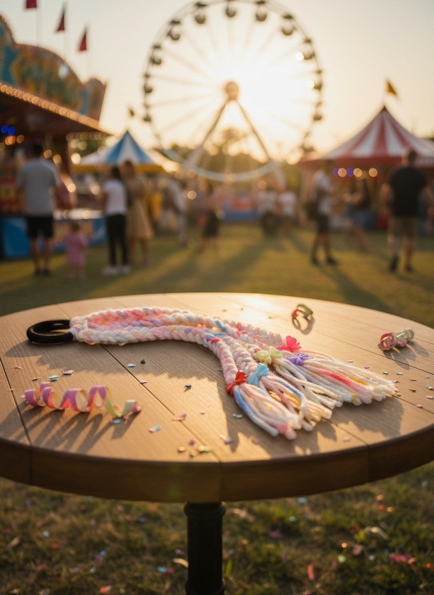 Lily braided hair accessory with pastel pink, blue, and white yarn, floral accents, and elastic band. Perfect for festivals.