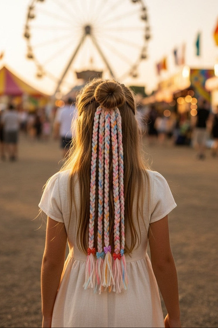 Lily braided hair accessory with pastel pink, blue, and white yarn, floral accents, and small bow charms. Worn by a girl with a bun hairstyle at a festival.