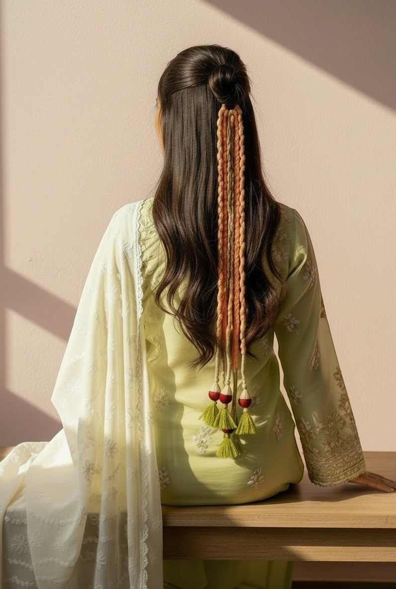 Lily braided hair accessory with peach and beige yarn, red beads, and lime green tassels attached to a bun.