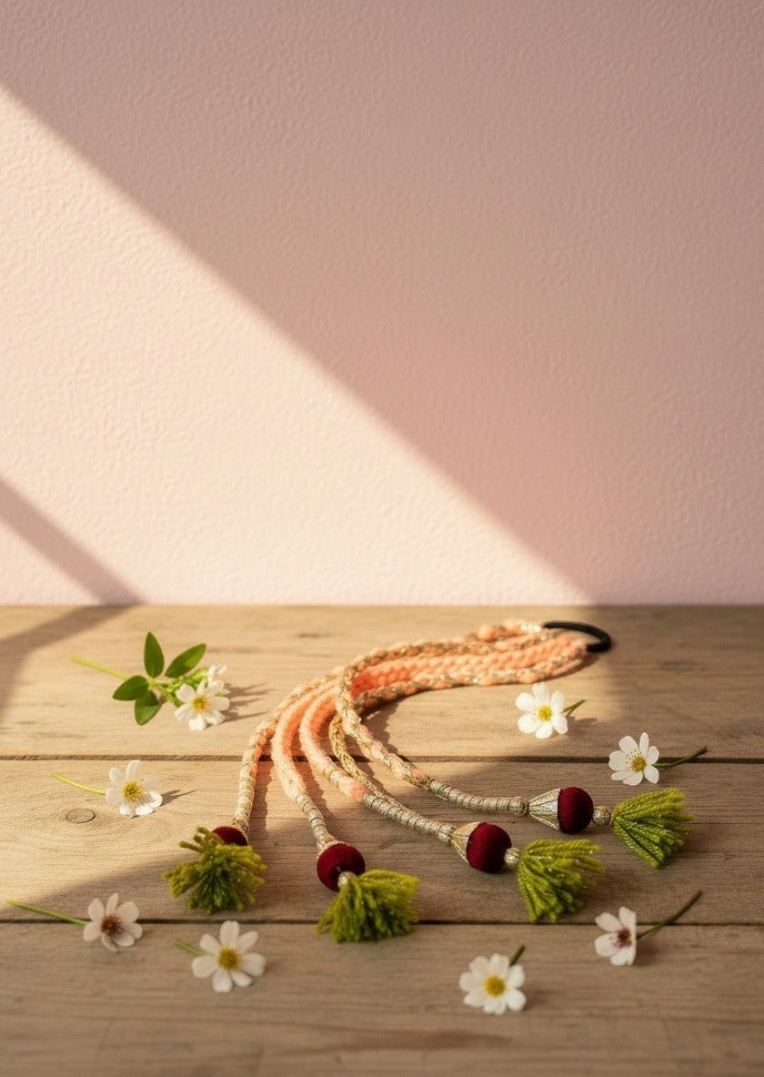 Lily braided hair accessory with peach yarn, red beads, and lime green tassels. Bohemian style.