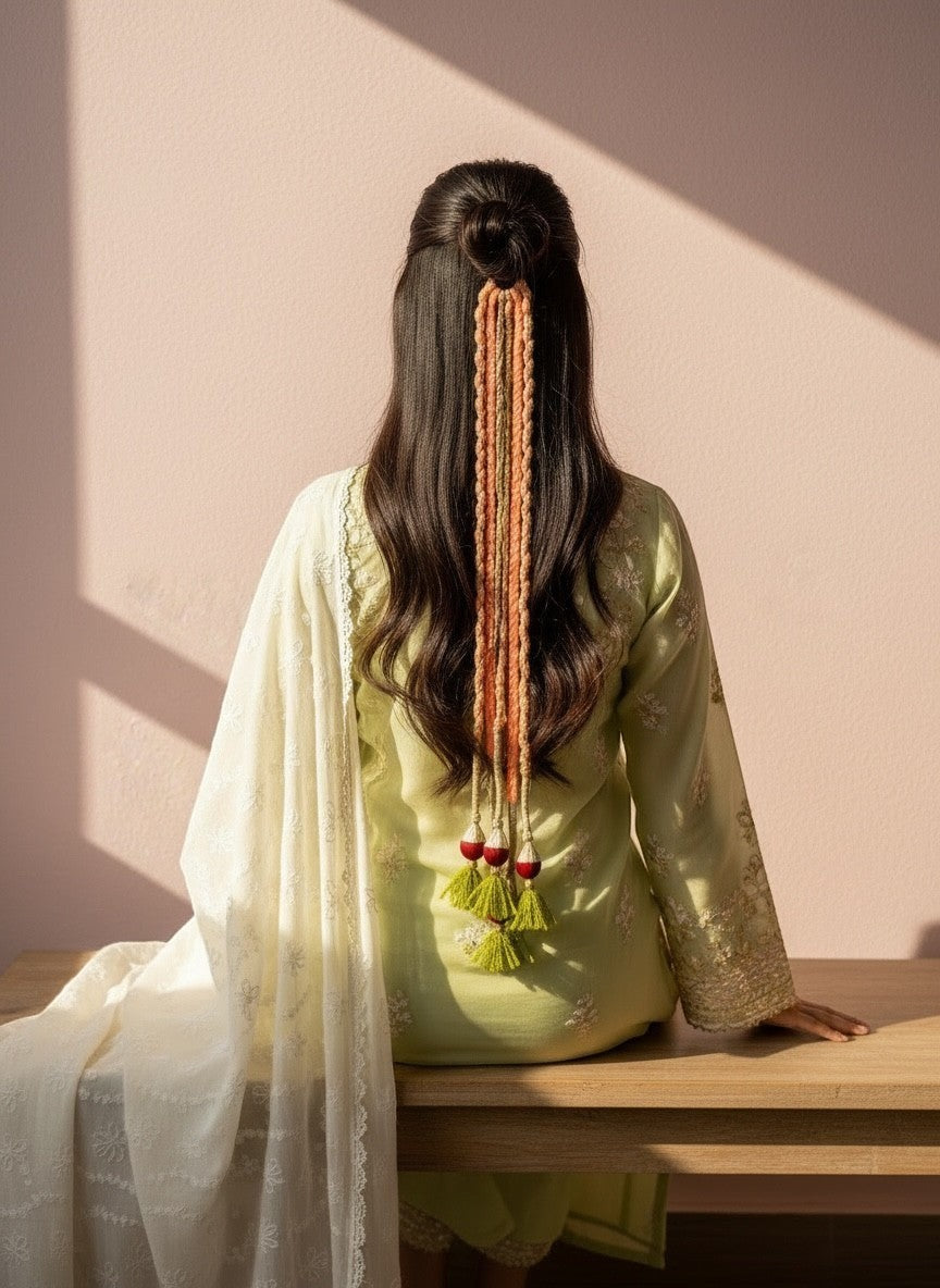Lily braided hair accessory with peach, beige yarn, red beads, and lime green tassels. Boho style.