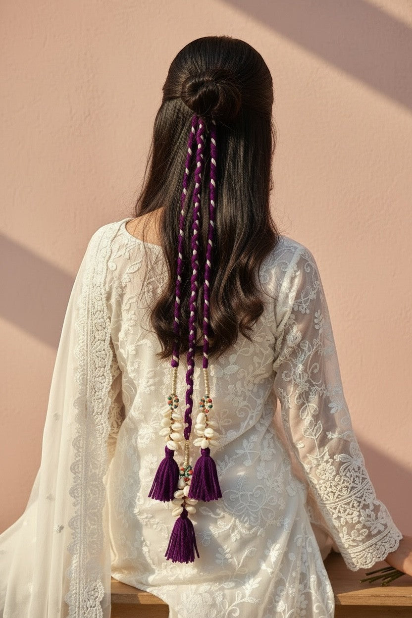Lily braided purple and white hair accessory with shells, beads, and tassels, worn by a woman with dark hair.