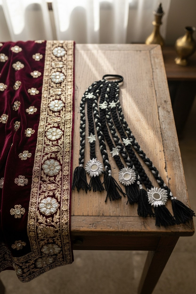 Lily embellished braided hair accessory with black braids, silver stars, and mirror accents. Elastic band for secure fit.