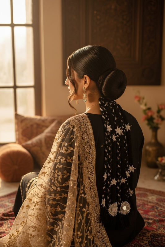 Lily embellished braided hair accessory with silver stars and tassels, worn with a black outfit and gold embroidered dupatta.