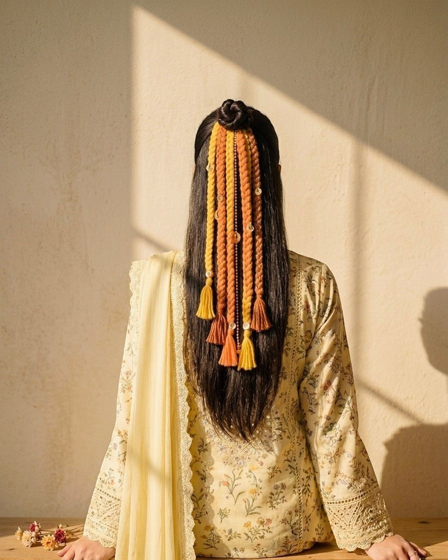 Lily braided hair accessory with yellow, orange, and brown yarn, beads, and tassels. Styled in a bun with loose braids.