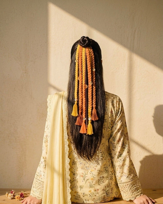 Lily braided hair accessory with yellow, orange, and brown yarn, beads, and tassels. Styled in a bun with loose braids.