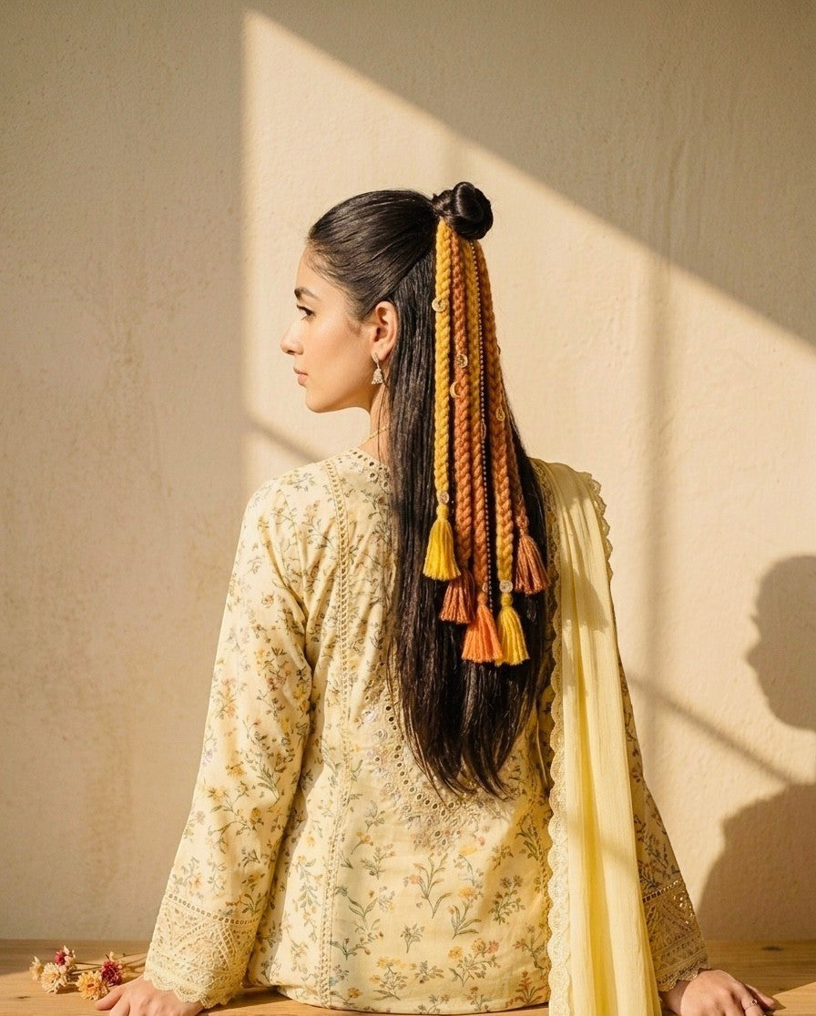 Lily braided hair accessory in yellow, orange, and brown yarn with bead details and tassels, styled in a half-up bun.