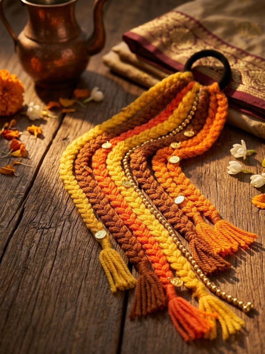 Lily braided hair accessory with yellow, orange, and brown yarn, bead detailing, and tassels. Bohemian style.