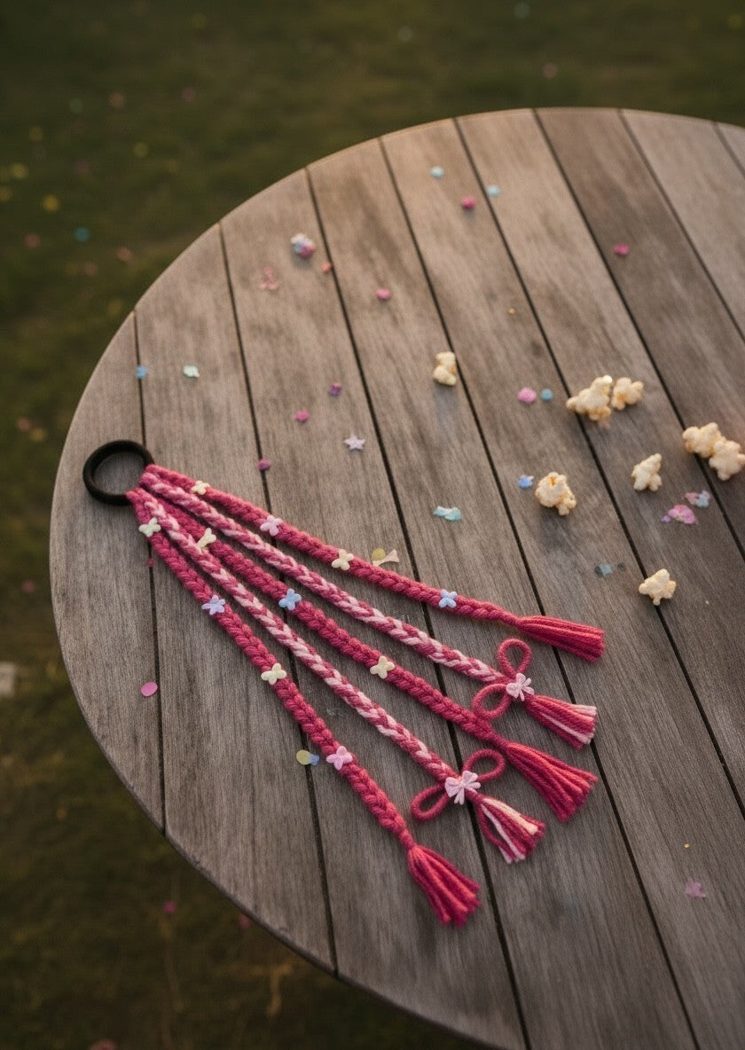 Lily pink and white yarn braided hair extensions with butterfly charms, bows, and tassels.